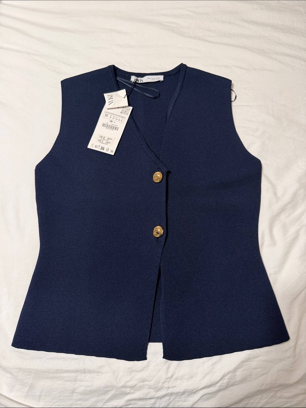 ZARA Navy Sleeveless Knit Vest with Gold Buttons, Stretchy NWT